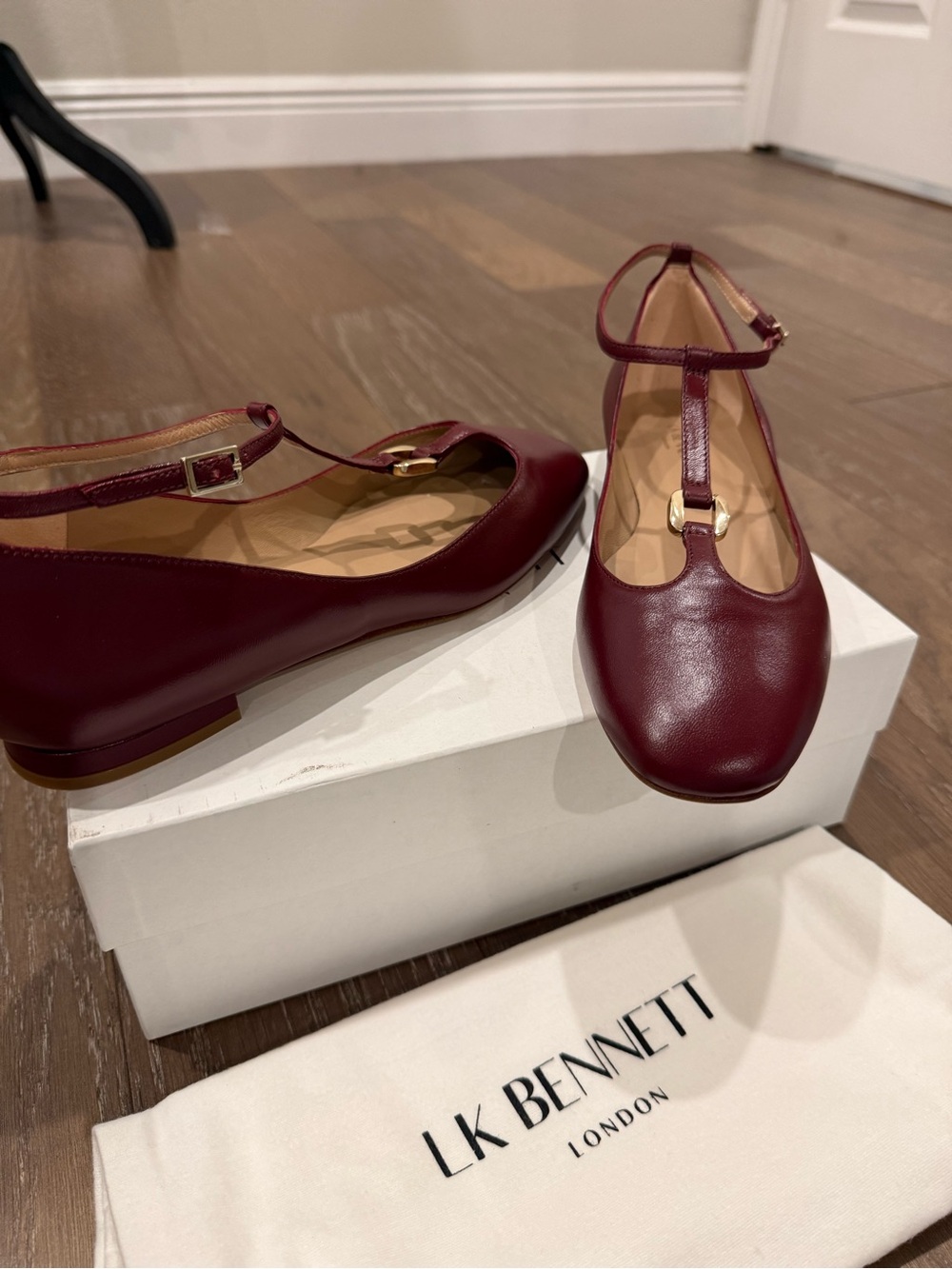 LK Bennett Leather Minna Burgundy Leather T-Bar Ballet Flats